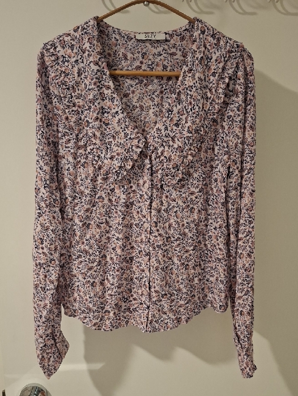 Pink Ditsy Floral Oversized Peter Pan Ruffle Collar Long-Sleeve Blouse (Size S)